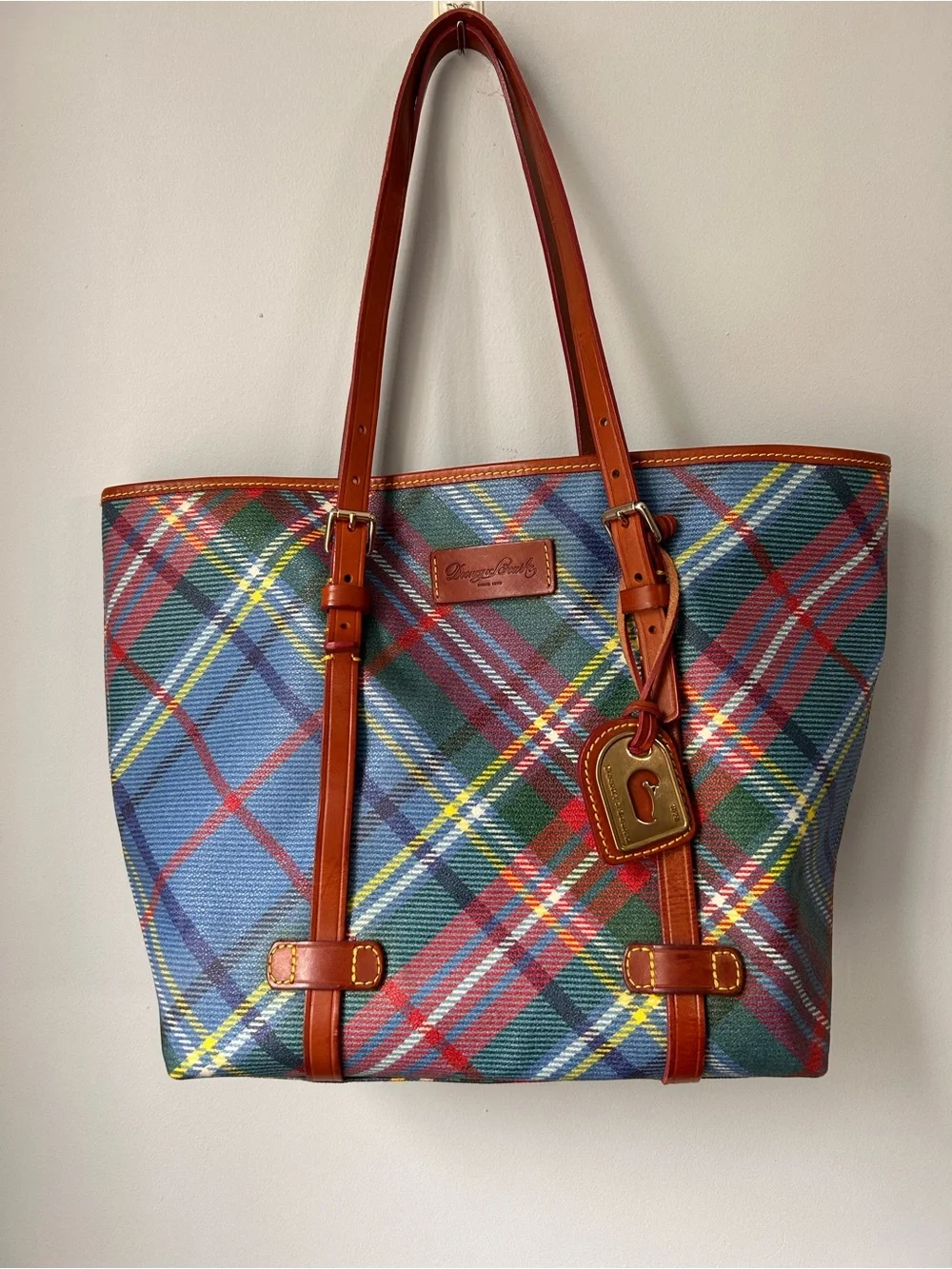 Vintage Dooney & Bourke Windsor Tartan Plaid Tote Bag Made USA Leather Trim Duck